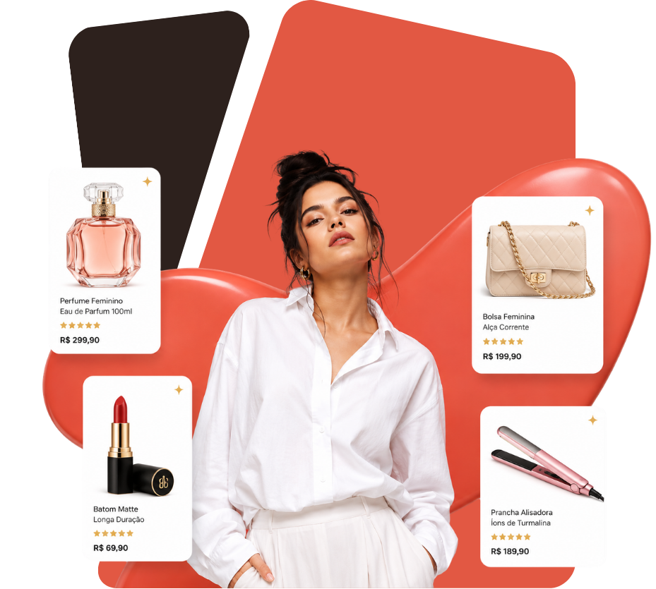 Loja virtual com produtos à venda: perfume, batom, bolsa e prancha alisadora com preço e avaliação